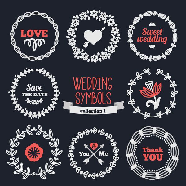 مجموعه ای از نمادهای تعطیلات - تاج گل قلب گل مناسب برای روز عروسی و روز