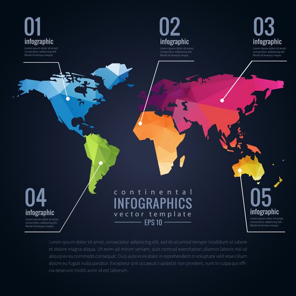 قالب وکتور ساده نقشه جهان قاره با الگوی مثلث مدرن و قالب اینفوگرافیک