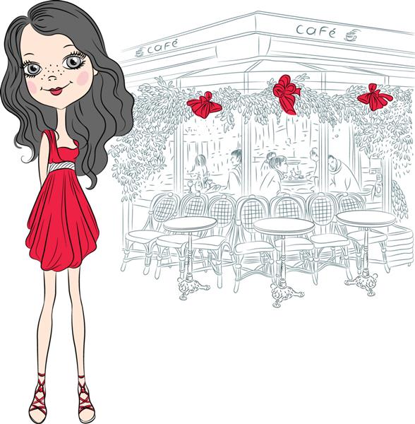 وکتور دختر زیبای مد با لباس کوتاه قرمز زیبا در نزدیکی کافه پاریس