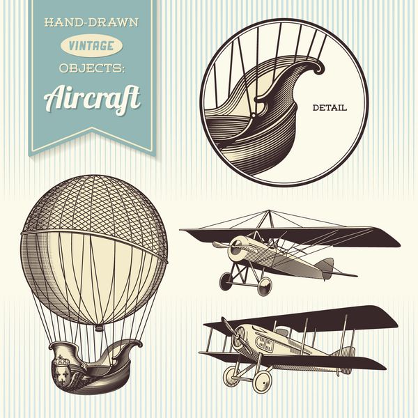 تصاویر هواپیمای قدیمی طراحی شده با دست - بالون هوا هواپیما و هواپیمای دوباله