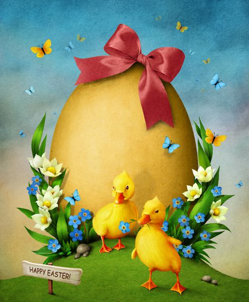 تخم مرغ بزرگ عید پاک با گل و دو جوجه اردک کوچک