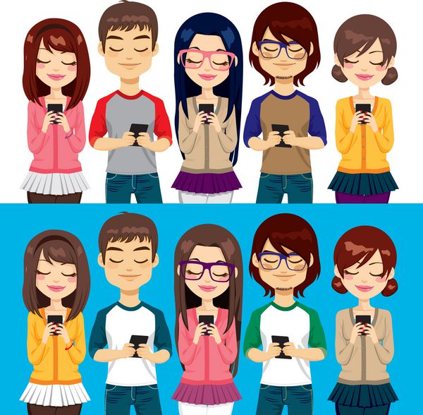 پنج جوان مختلف با استفاده از تلفن همراه در حال معاشرت در اینترنت