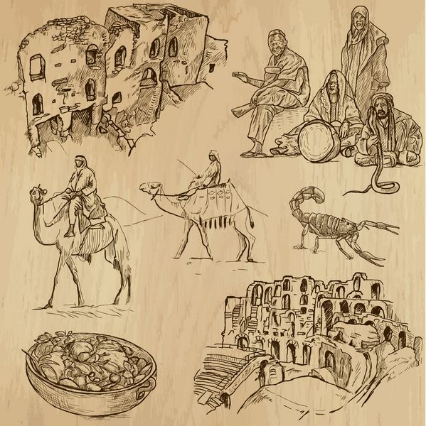 سفر تونس مجموعه شماره 2 مجموعه ای از تصاویر طراحی شده با دست هر نقاشی شامل دو یا سه لایه طرح کلی است پس زمینه رنگی جدا شده است