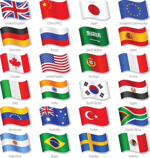 مجموعه وکتور از پرچم های ملی بیست و چهار کشور برتر جهان در موقعیت تکان دادن سه بعدی شبیه سازی شده با نام و سایه خاکستری هر پرچمی با نامگذاری مناسب روی لایه خودش جدا شده است