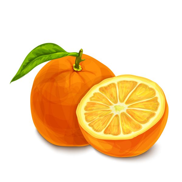 برش طبیعی ارگانیک و برش پرتقال با پوستر تزئینی میوه استوایی برگ یا تصویر جدا شده از نشان