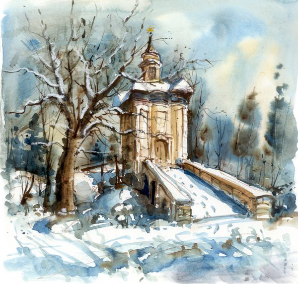 منظره زمستانی با کلیسای کوچک تصاویر آبرنگ