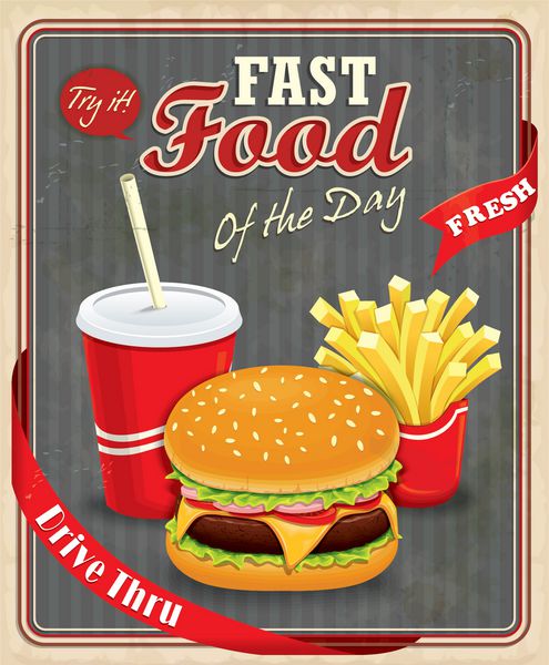 طراحی پوستر فست فود قدیمی با همبرگر نوشیدنی سیب زمینی سرخ شده
