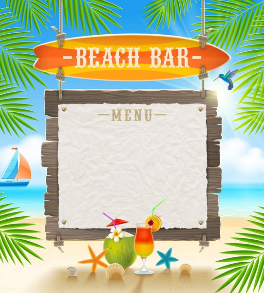 ساحل گرمسیری - تابلوی راهنما و بنر کاغذی برای منو - طرح وکتور تعطیلات تابستانی