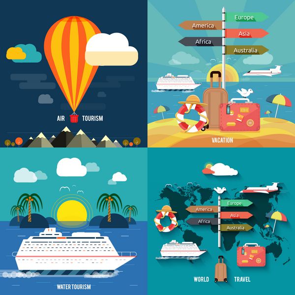 مجموعه آیکون های سفر برنامه ریزی برای تعطیلات تابستانی اشیاء گردشگری و سفر و چمدان مسافر در طراحی تخت انواع مختلف سفر مفهوم سفر کاری