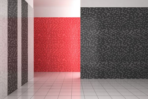 حمام مدرن خالی با کاشی های موزاییک در رنگ های سیاه سفید و قرمز