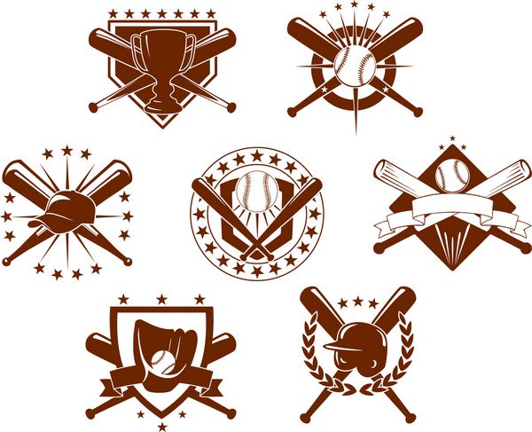 مجموعه ای از هفت نشان یا لوگوی مختلف بیسبال که خفاش های ضربدری را با جام دستکش کلاه ایمنی بیسبال با ستاره و سپر نشان می دهد