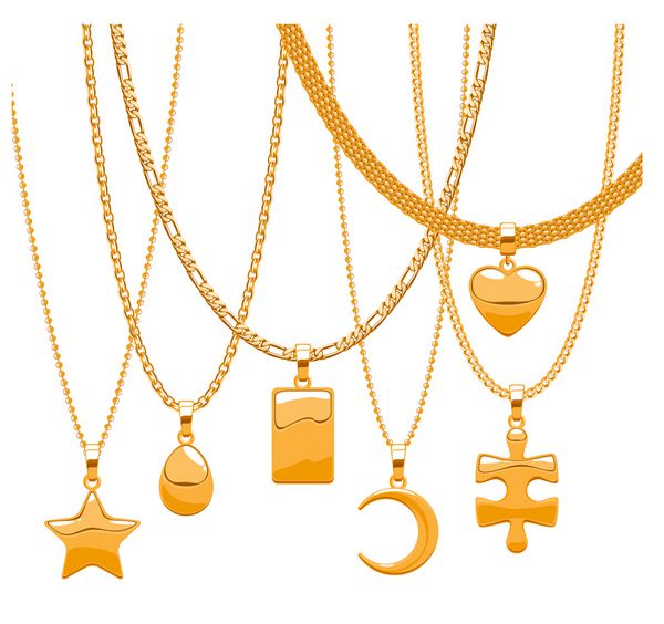 ست زنجیر طلایی با آویزهای مختلف گردن گرانبها ستاره قطره قلب آجر نیمه ماه و قطعه پازل شامل برس های زنجیره ای