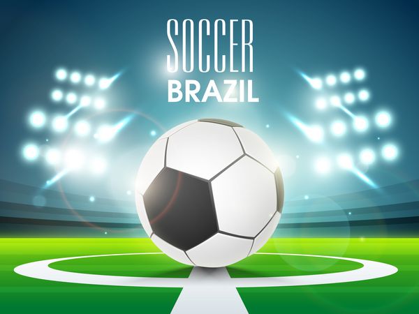 توپ فوتبال براق در نورهای کامل استادیوم در شب با متن شیک برزیل 2014