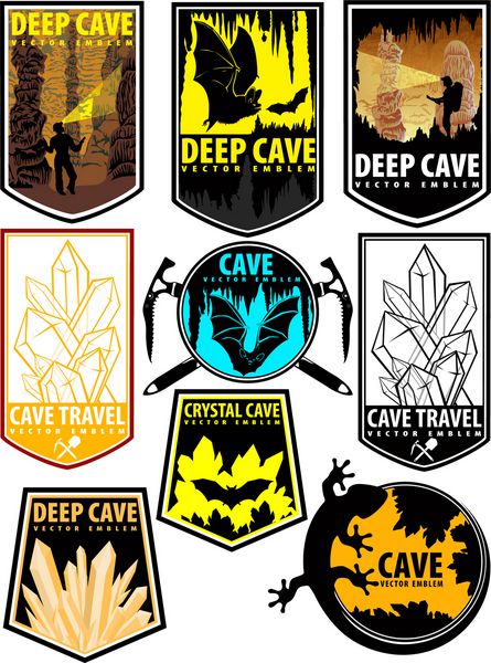 مجموعه ای از نمادهای وکتور غار روی سپر با خفاش مارمولک کریستال و دختر غارنورد