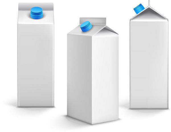 بسته بندی جعبه های کارتن سفید سفید شیر آبمیوه وکتور نمادهای سه بعدی جدا شده