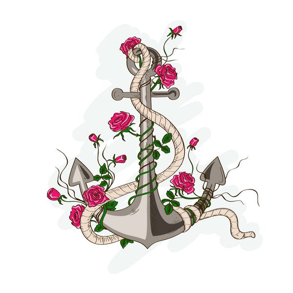 تصویر کشیده شده با دست از لنگر دریایی عاشقانه با گل های رز