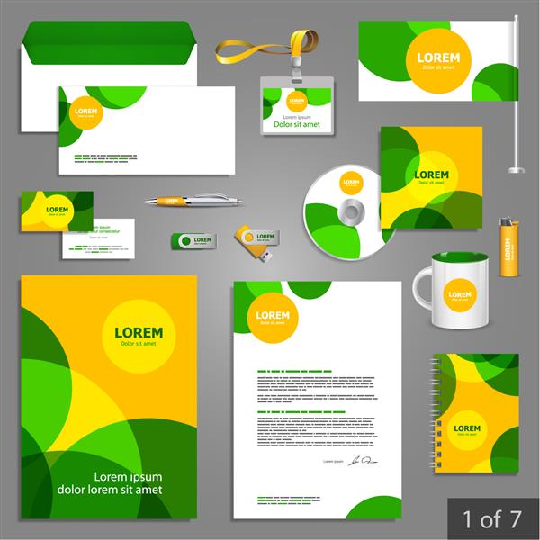 طرح قالب لوازم التحریر زرد با عناصر گرد سبز اسناد برای تجارت