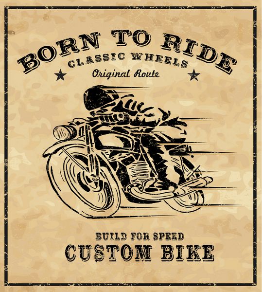 موتور سیکلت قدیمی r طراحی دستی چاپ تی شرت برچسب اپلیکوی نشان