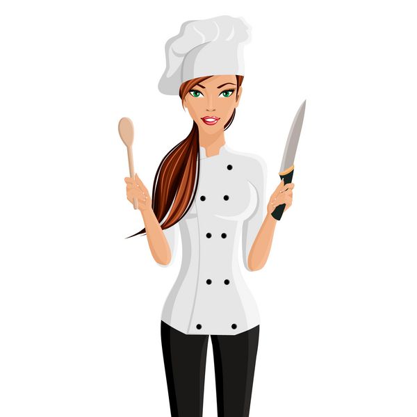زن جوان جذاب با کلاه سرآشپز رستوران با چاقو و کاردک جدا شده بر روی وکتور پس زمینه سفید