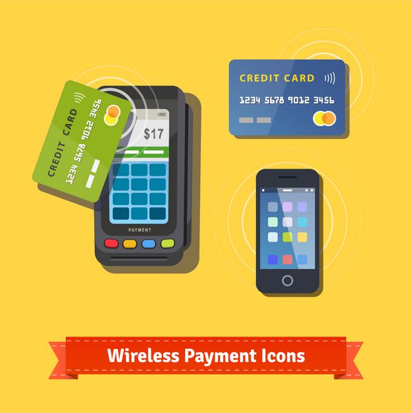 مجموعه آیکون های تخت پرداخت بی سیم ترمینال pos بی سیم کارت اعتباری و تلفن همراه را با nfc اسکن می کند وکتور