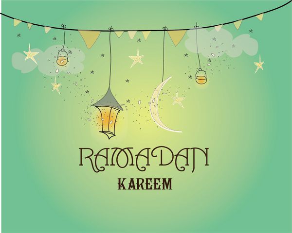 طرح خلاقانه کارت تبریک جشن ماه مبارک رمضان کریم با ماه و فانوس آویزان و ستاره در زمینه سبز