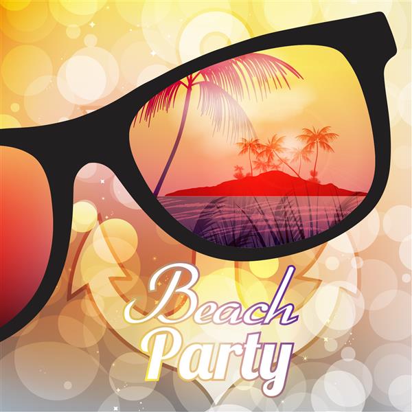 طرح بروشور مهمانی ساحلی تابستانی با عینک آفتابی در پس زمینه تار - وکتور