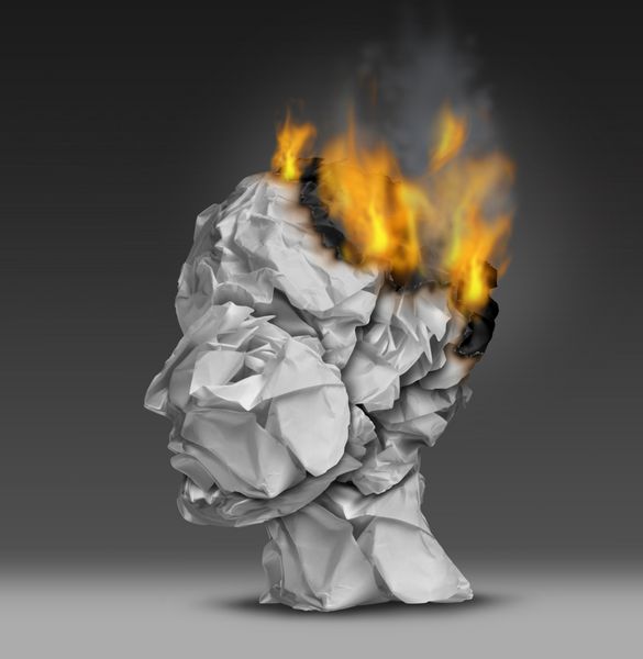 مفهوم سردرد و بیماری روانی به عنوان گروهی از کاغذهای اداری فشرده به شکل سر انسان که در آتش است و مغز را می سوزاند به عنوان نماد و استعاره ای از استرس عاطفی در محل کار یا زوال عقل