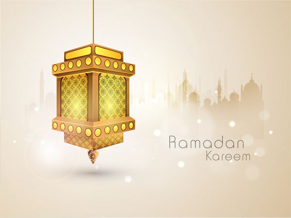 فانوس عربی نورانی روی پس‌زمینه قهوه‌ای براق شبح‌شده مسجد برای ماه مبارک رمضان کریم جامعه مسلمانان