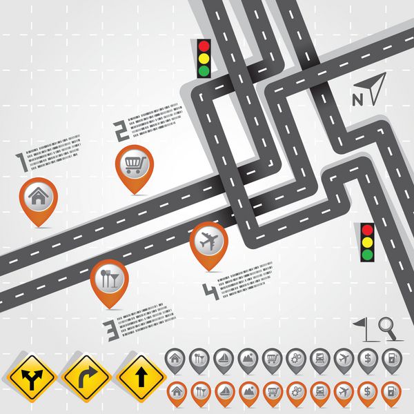 خیابان جاده با نشانگر نقشه - مجموعه آیکون نشانگر مفهوم سفر