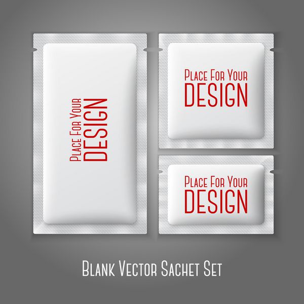 کیسه های پلاستیکی سفید سفید برای قهوه شکر نمک ادویه جات دارو کاندوم دارو جدا شده در زمینه خاکستری با pl برای طراحی و برند شما بردار
