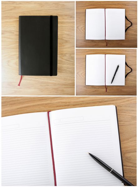 مجموعه ای از نوت بوک ها کتاب خالی باز با خطوط نشانک قرمز جلد سیاه و قلم