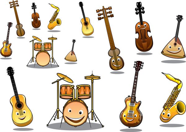 مجموعه بزرگی از آرم های موسیقی همراه با اف های کارتونی شاد شامل زیتر گیتار ساکسیفون گیتار الکتریک ویولن و مجموعه ای از ds
