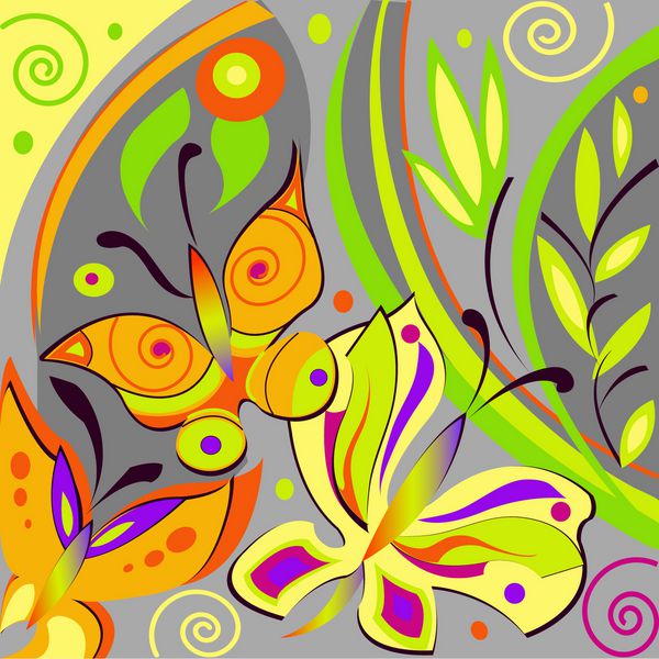 ترکیب تزئینی با پروانه های رنگارنگ و برگ های سبز در پس زمینه خاکستری