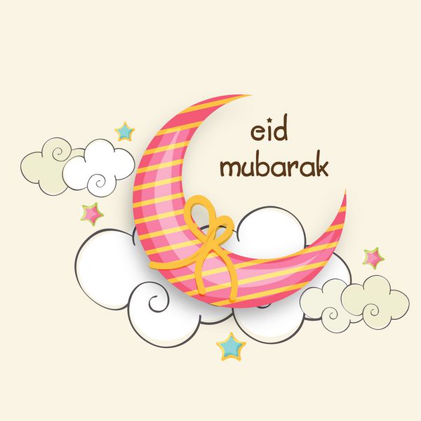هلال ماه زیبا پیچیده شده با روبان زرد روی ابرهای شیک پس زمینه بژ تزئین شده برای جشن های عید مواک جشنواره جامعه مسلمانان