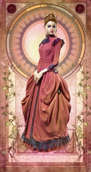 گرافیک کامپیوتری سه بعدی یک زن جوان با لباس صورتی متعلق به قرن نوزدهم