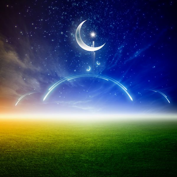 پس زمینه رمضان با ماه و ستاره مسجد انتزاعی بالای میدان سبز ماه مبارک اسلامی