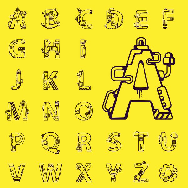 وکتور سیاه مجموعه حروف الفبای انگلیسی سبک ربات مکانیکی در پس زمینه زرد