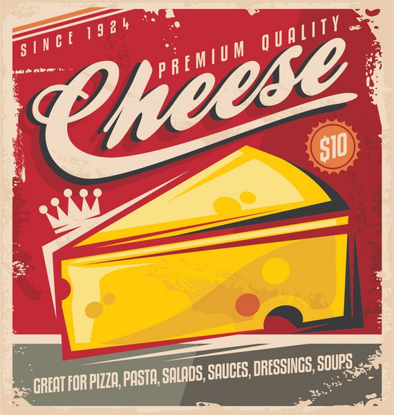 طرح پوستر رترو پنیر مفهوم طراحی برچسب وکتور پنیر مرغوب