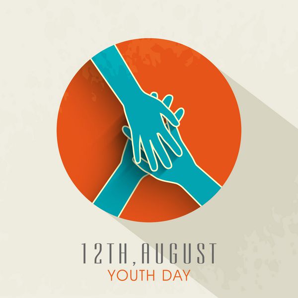طراحی چسبناک شیک با دست در دست هم در زمینه نارنجی در زمینه بژ برای روز جهانی جوان
