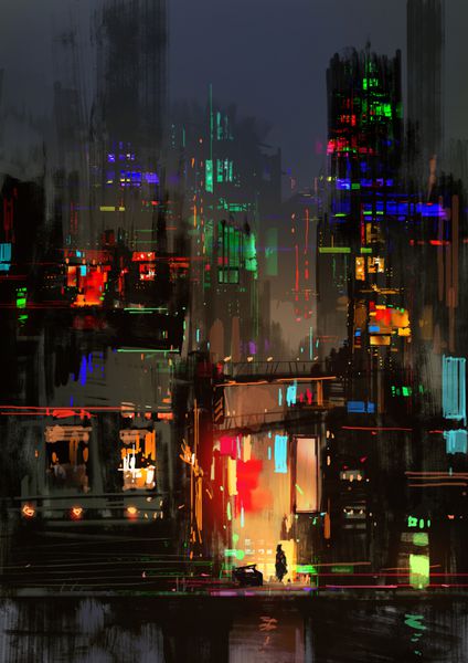 نقاشی دیجیتال منظره شهری ساختمان در شب