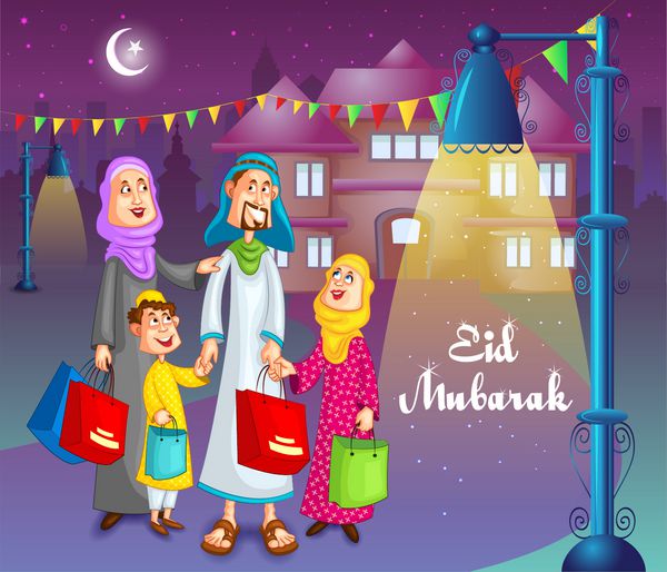 خانواده مسلمان خوشحال در حال خرید برای عید در وکتور