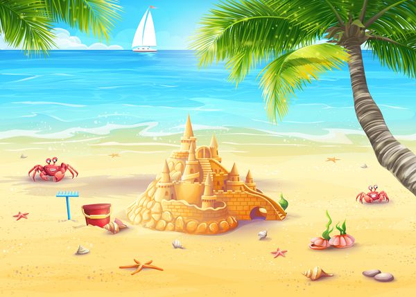 تصویر تعطیلات در کنار دریا با قلعه شنی و قارچ های شاد