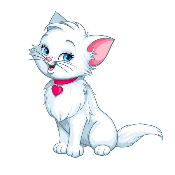 وکتور کارتونی بچه گربه سفید و سرگرم کننده شاد و بامزه گربه شخصیت خندان با تصویر قلب صورتی قرمز جدا شده در پس زمینه سفید