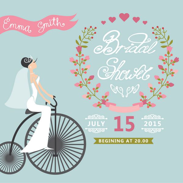 کارت دوش عروس با عروس روی دوچرخه رترو و تاج گل دعوتنامه عروسی قدیمی وکتور مد