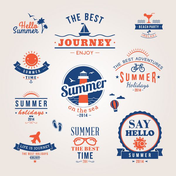 عناصر طراحی رترو تابستانی مجموعه وکتور تعطیلات تابستانی زیور آلات و برچسب های قدیمی بهشت استوایی تعطیلات ساحلی ماجراجویی و سفر