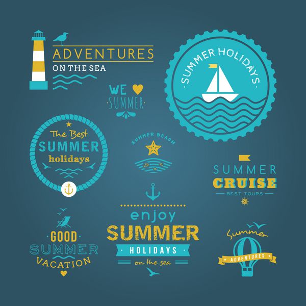 عناصر طراحی رترو تابستانی مجموعه وکتور تعطیلات تابستانی زیور آلات و برچسب های قدیمی بهشت استوایی تعطیلات ساحلی ماجراجویی و سفر