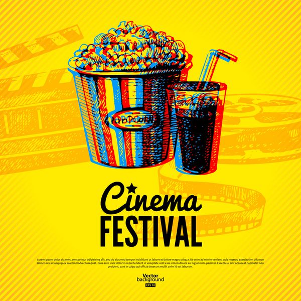 پوستر جشنواره سینما پس زمینه وکتور با تصاویر طراحی شده با دست