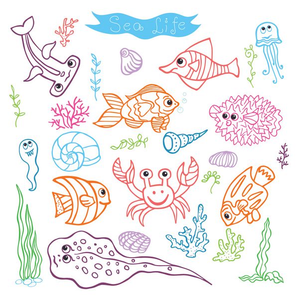 مجموعه ای از زندگی دریایی خنده دار ماهی مرجان خرچنگ صدف جلبک دریایی تصویر طرح کلی رنگی در پس زمینه سفید قالب طراحی ابله خنده دار وکتور