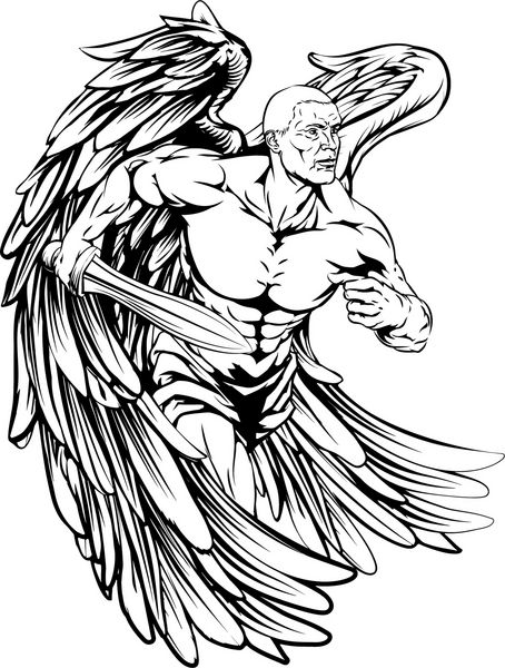 تصویری از یک شخصیت فرشته جنگجو یا طلسم ورزشی که شمشیری در دست دارد