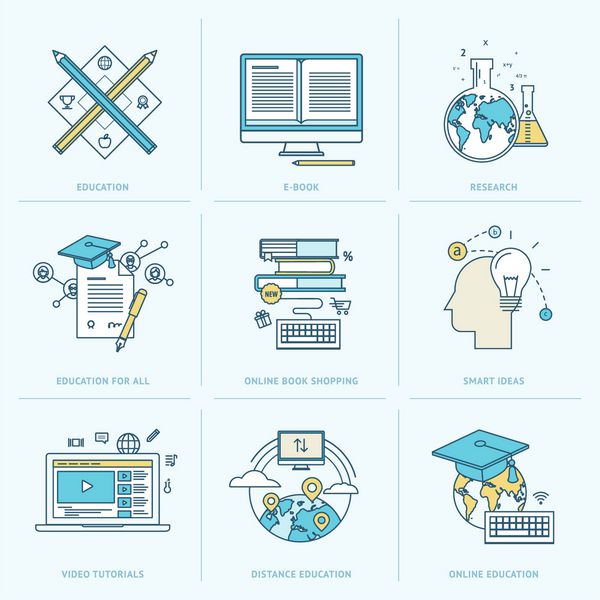 مجموعه ای از آیکون های خط مسطح برای آموزش آنلاین آیکون های آموزش آنلاین کتاب آنلاین آموزش تصویری آموزش آنلاین تحقیق خرید آنلاین کتاب آموزش از راه دور آموزش برای همه